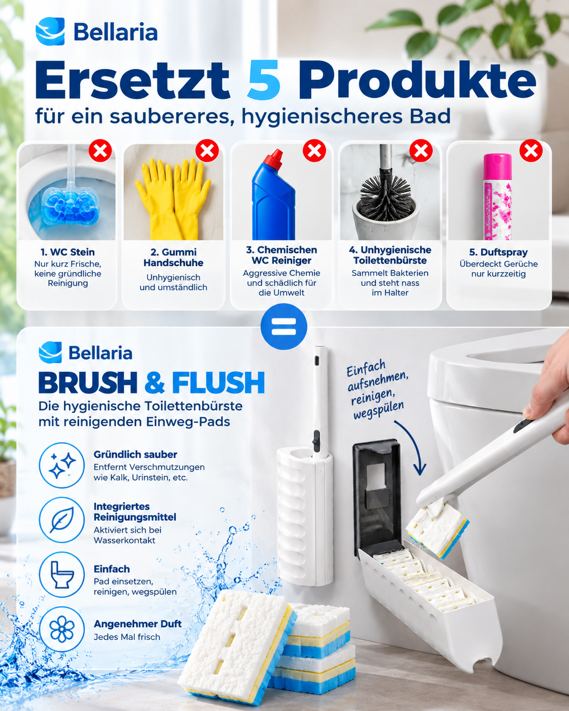 Brush & Flush hygienische Toilettenbürste mit Einweg-Pads